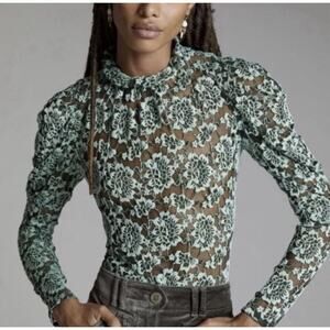 Anthropologie Dolan Green Sheer Lace Mock Neck Floral Blouse Long Sleeve Sz L